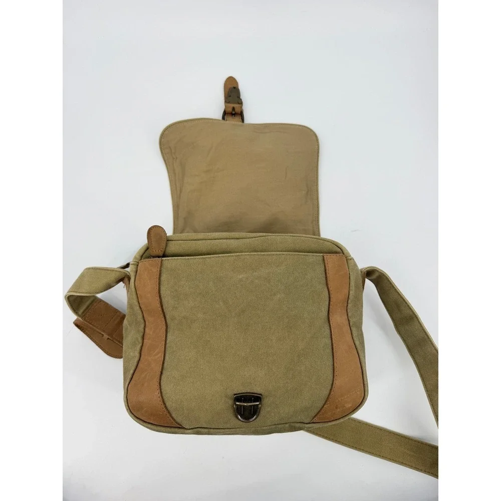 LL Bean Canvas Messenger Bag Olive Green Leather Trim Crossbody Field Bag Vtg